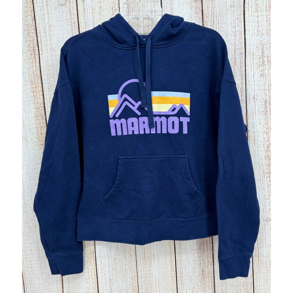 Marmot Men's Hoodie Large Navy Blue Retro Logo Pullover Sweatshirt‎ Cotton Blend